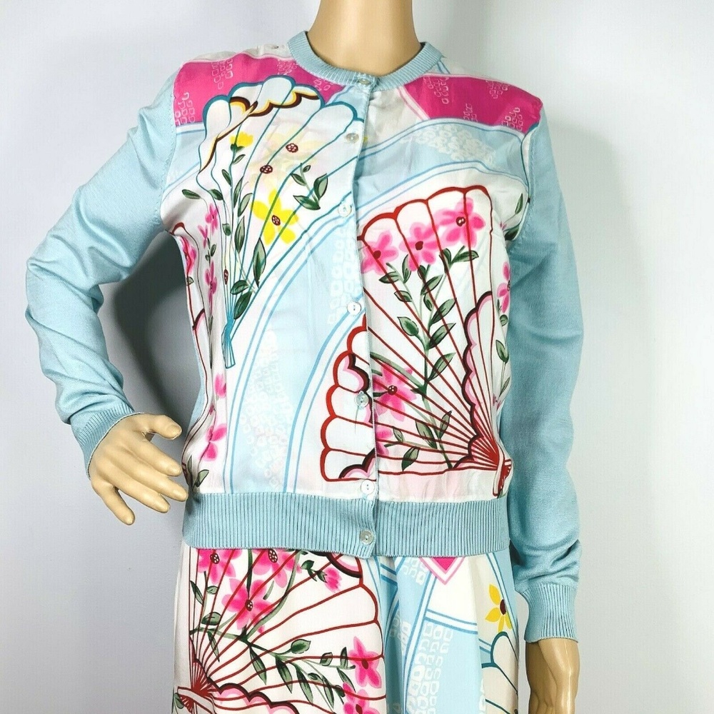 Neiman Marcus 100% Silk Crepe & Knit Silk Blend Cardigan &Dress Floral Fan Print